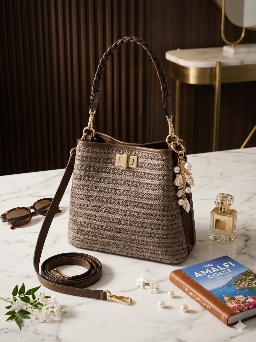 Braided Handle Woven Bucket Bag in Taupe - Women Bags